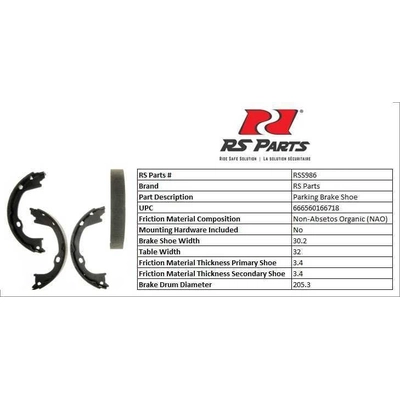 RS PARTS - RSS986 - Rear Parking Brake Shoes pa2