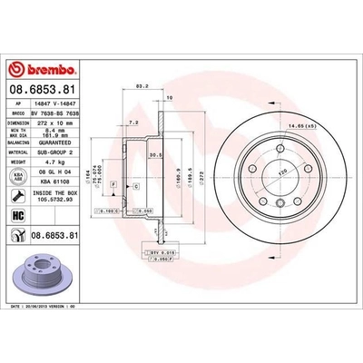 Rear Premium Rotor by BREMBO - 08.6853.81 (1 Qty) pa6