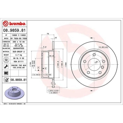 Rear Premium Rotor by BREMBO - 08.9859.81 (1 Qty) pa6