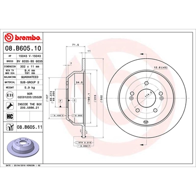 Disque de frein arrière de qualité supérieur de BREMBO - 08.B605.11 (1 Qté) pa2