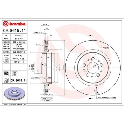 Rear Premium Rotor by BREMBO - 09.8615.11 (1 Qty) pa4