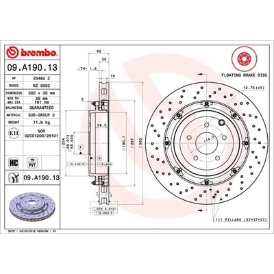 Rear Premium Rotor by BREMBO - 09.A190.13 (1 Qty) pa7