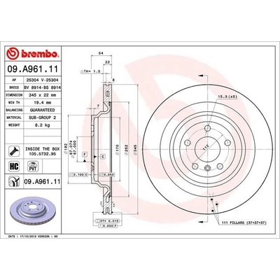 Rear Premium Rotor by BREMBO - 09.A961.11 (1 Qty) pa4