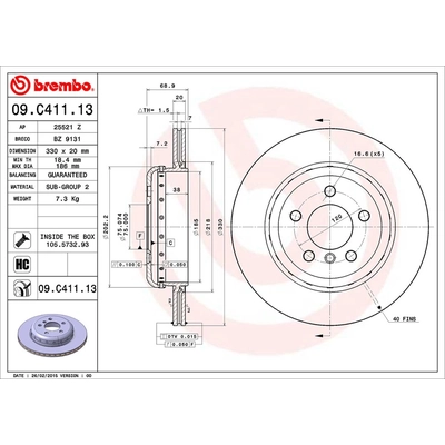 Rear Premium Rotor by BREMBO - 09.C411.13 pa2