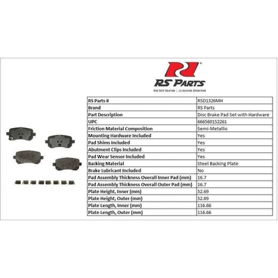 RS PARTS - RSD1326MH - Rear Semi Metallic Pads pa3