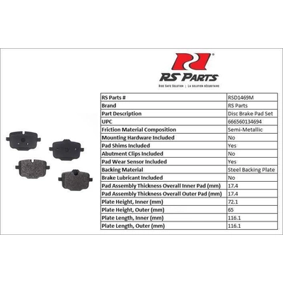 Rear Semi Metallic Pads by RS PARTS - RSD1469M pa2