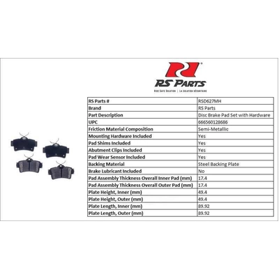 RS PARTS - RSD627MH - Rear Semi Metallic Pads pa4