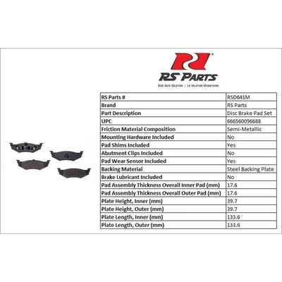 Rear Semi Metallic Pads by RS PARTS - RSD641M pa2