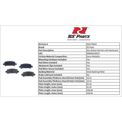Rear Semi Metallic Pads by RS PARTS - RSD770MH pa2