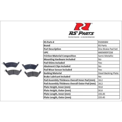 RS PARTS - RSD858M - Rear Semi Metallic Pads pa4