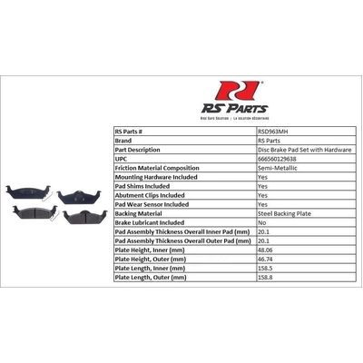 RS PARTS - RSD963MH - Rear Semi Metallic Pads pa3