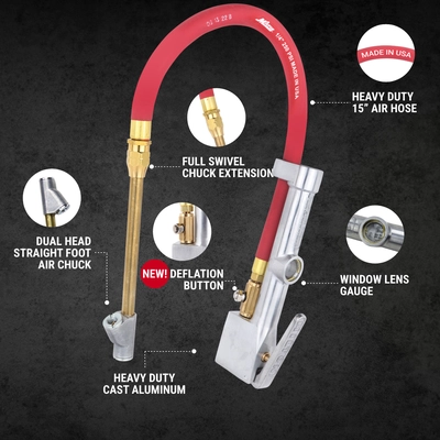 MILTON - S-516 - Tire Inflator Gauge with Dual Head Straight Foot Air Chuck 15” Air Hose pa2